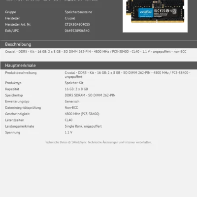 Kit Barrettes mémoire 32Go (2x16Go) DIMM DDR5 Crucial Classic 4800MHz (Noir)
