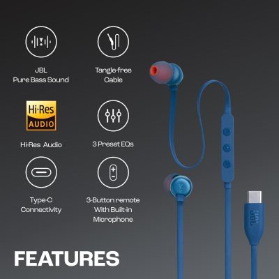 JBL Tune 310C Wired in-Ear Type C Earphones Bleu